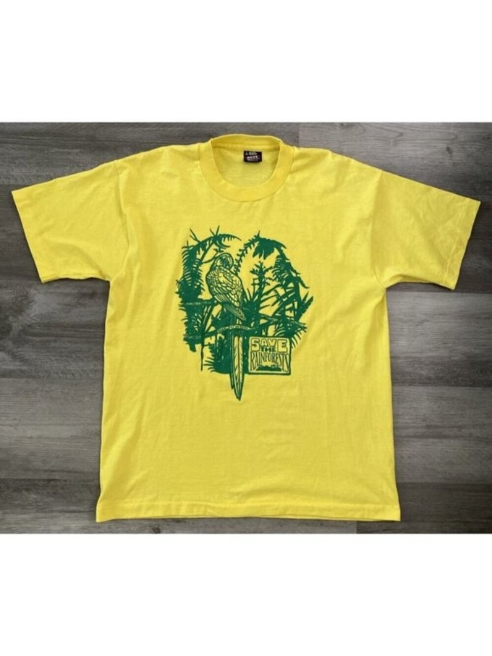 VTG Save The Rainforests Parrot T Shirt Fruit of the Loom Best Yellow USA Large